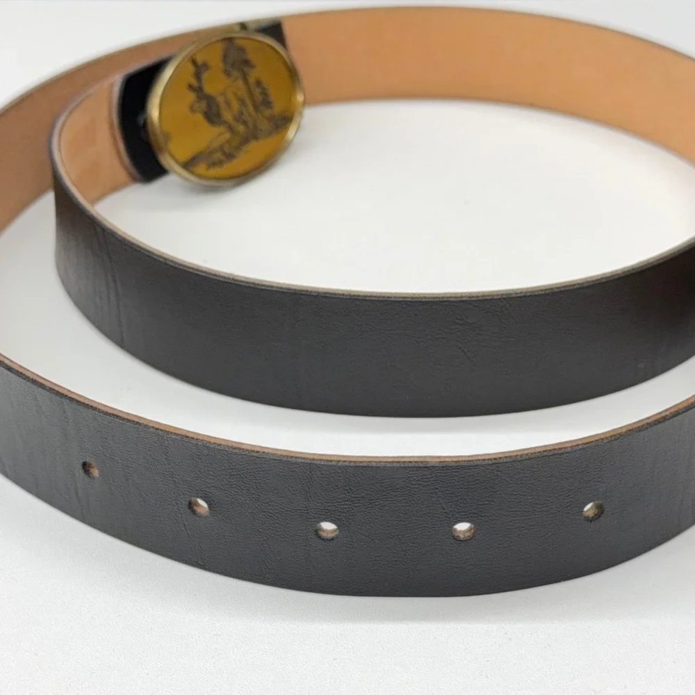 Vtg Oden Inc Solid Brass Elk Buckle Black Leather Belt Mens 36-40 Made in USA